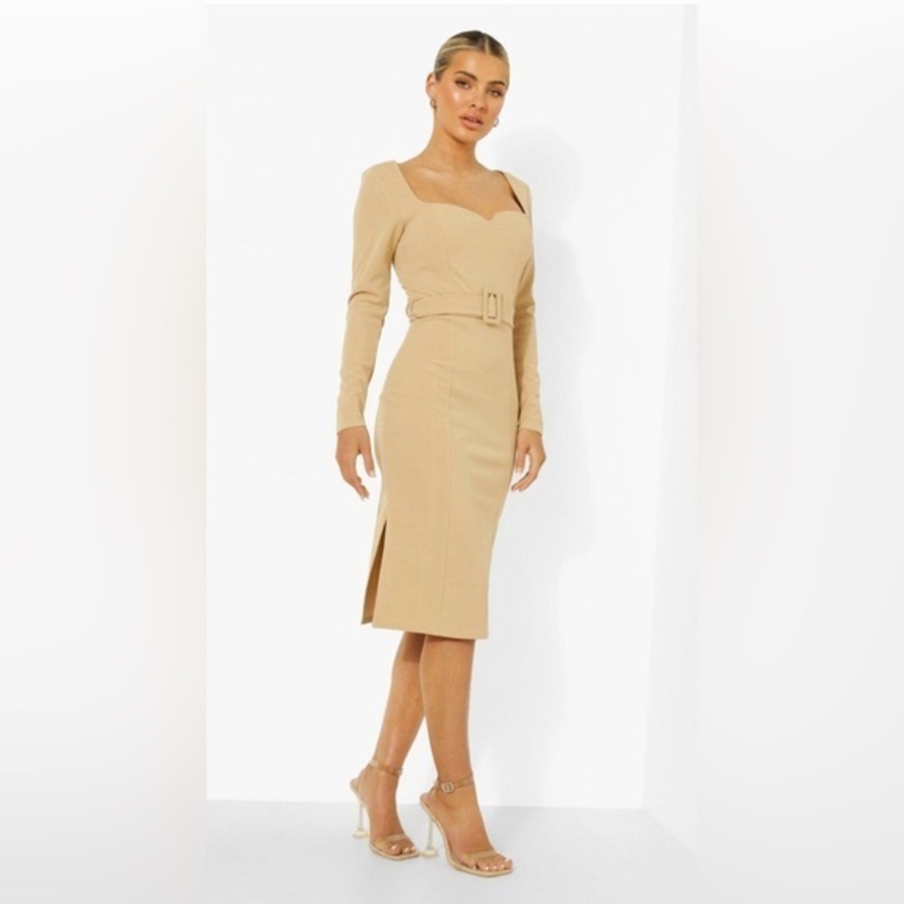 BOOHOO - SWEETHEART NECK BELTED SIDE SPLIT MIDI DRESS - Size 12